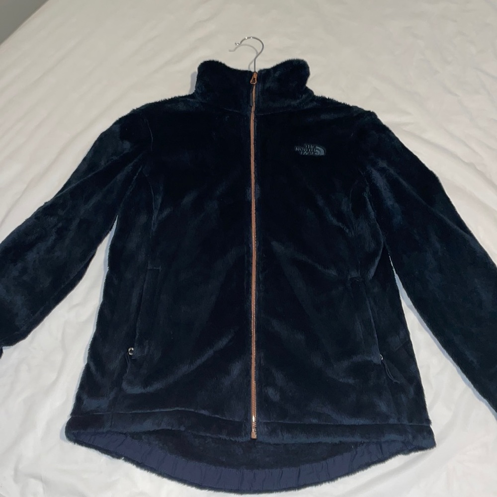 Navy North Face furry/fuzzy jacket with rose gold zipper